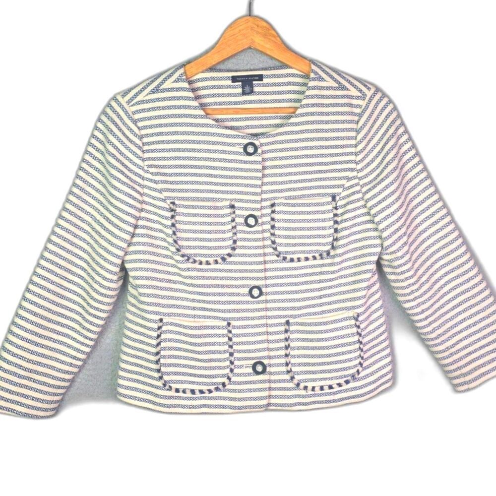 Tommy Hilfiger Stripe Cotton Blazer Navy Cream Teal Lining Preppy 6